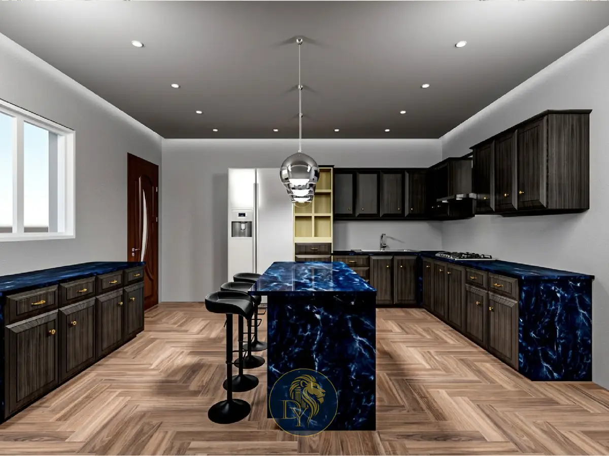 Luxury kitchen interior design with blue book-matched marble waterfall island Lebanon