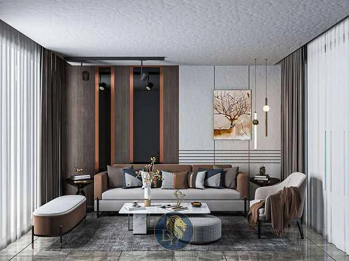 Contemporary living room interior design with textured plaster ceiling and wood slat wall Lebanon
