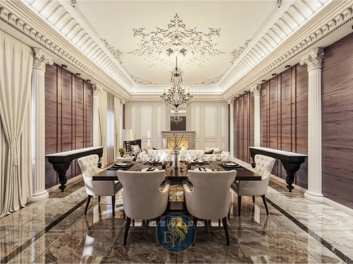 Classical formal dining room interior design with coffered ceiling and fluted columns Lebanon