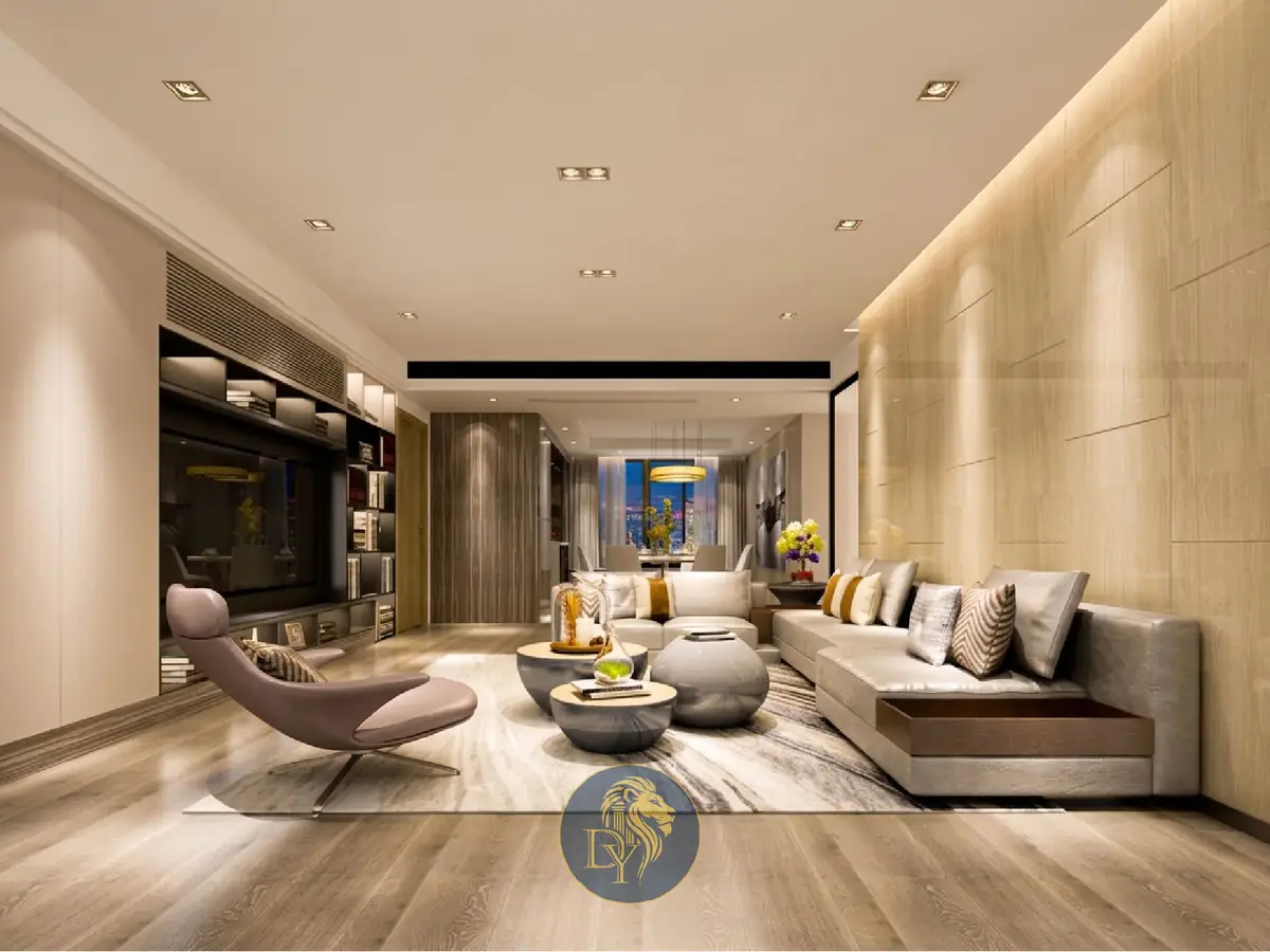 High-rise apartment living room interior design with wood paneling and skyline view