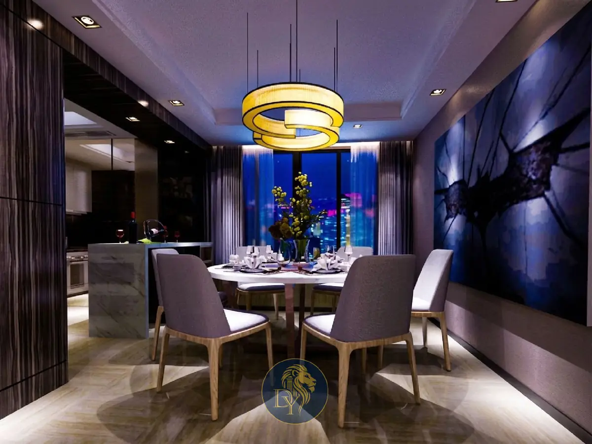 High-rise apartment dining room interior design with night skyline view