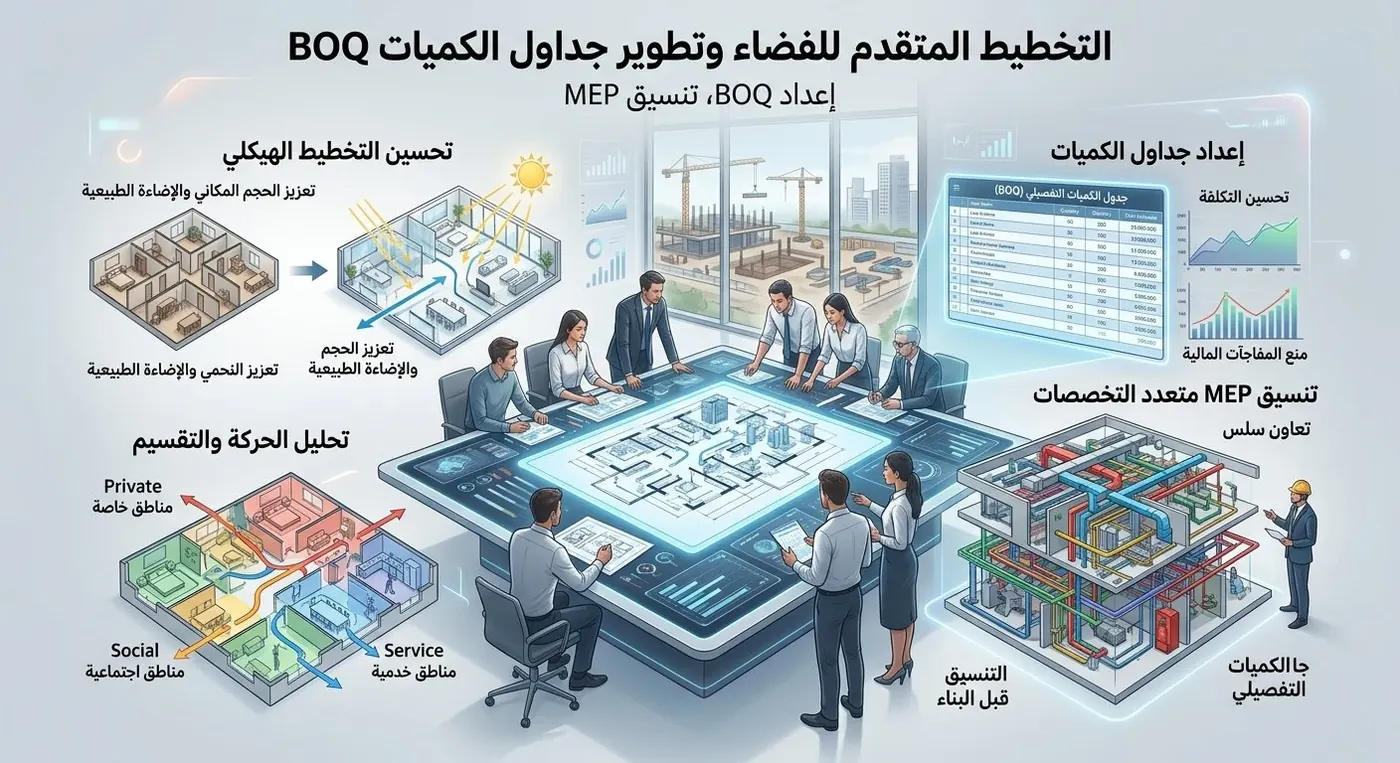 بنود جدول كميات مفصلة وتوزيع التكاليف لمشروع تصميم داخلي