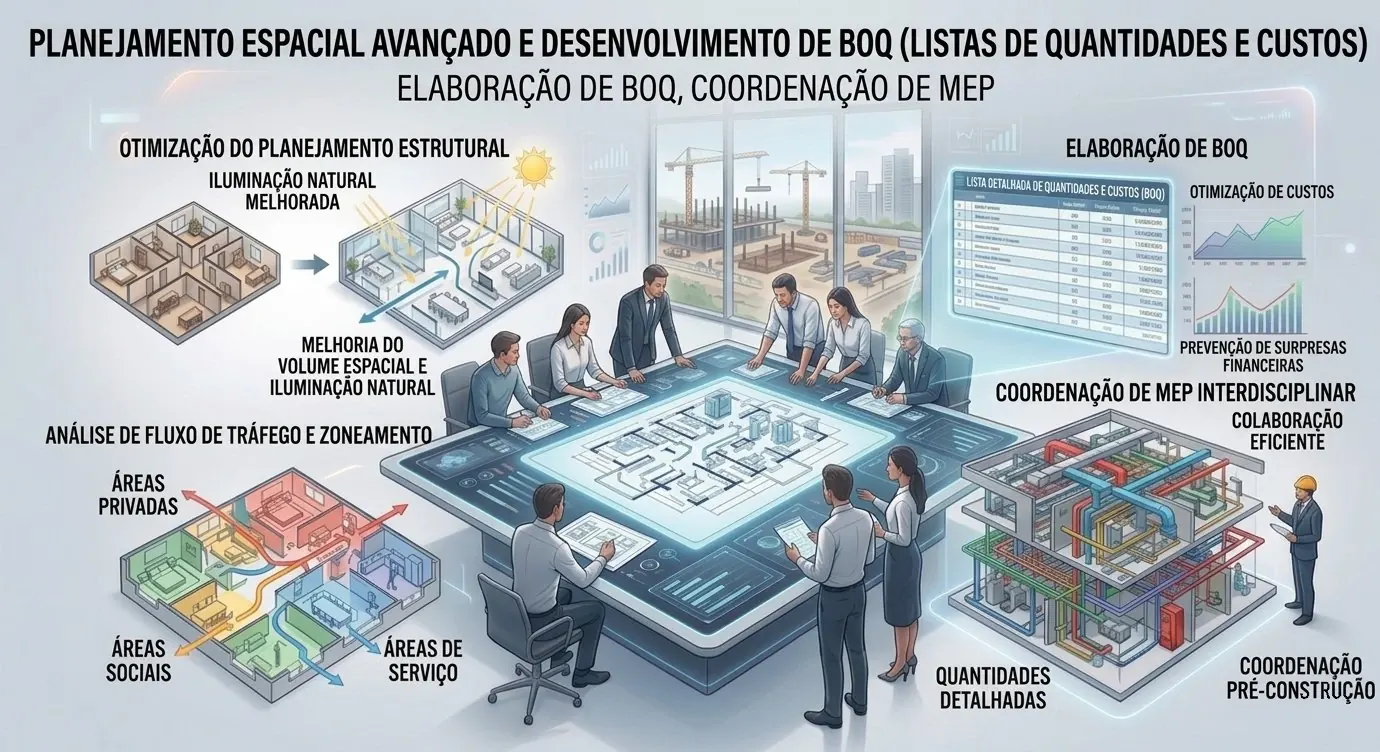 Itens detalhados de um BOQ e detalhamento de custos para um projeto de design de interiores